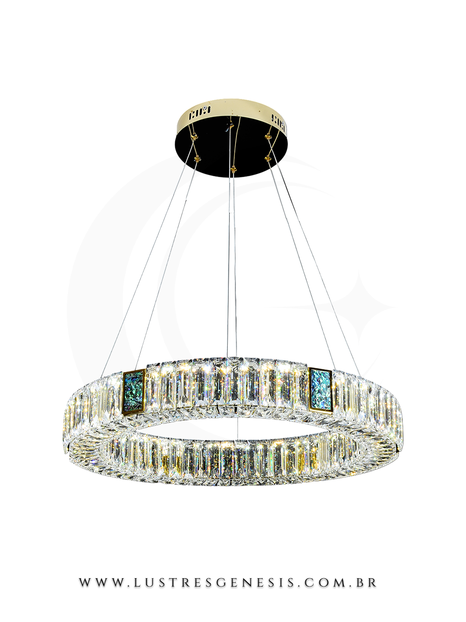 Lustre pendente redondo de cristal modelo Vortex, ideal para sala de jantar, sala de estar ou quartos, com design sofisticado e acabamento dourado, da marca Sindora.